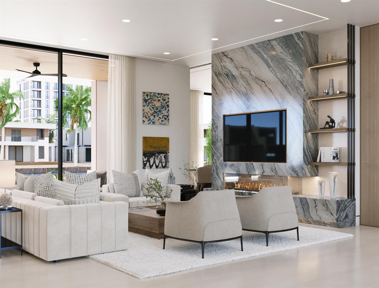 This rendering shows a modern living room with a marble fireplace, television, and outdoor view — 942 Bolender Drive, Delray Beach FL 33483, DELRAY BEACH, FL