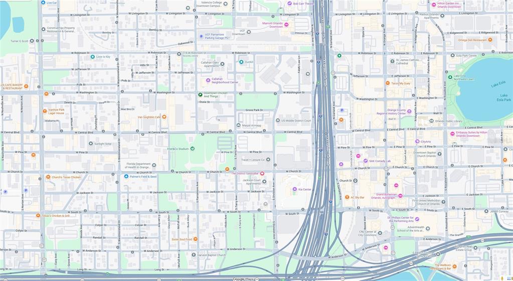 This is a digital map of downtown Orlando, Florida, showing streets, parks, and landmarks — 824 W ROBINSON STREET, ORLANDO, FL