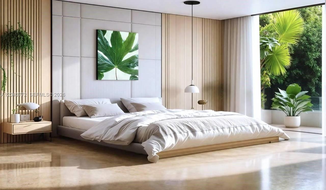 This is a rendering of a modern bedroom featuring a platform bed and wood paneling — 0 villa banyu, FL