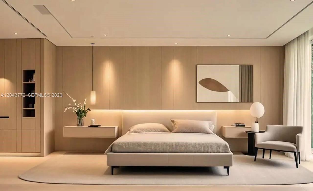 This is a rendering of a modern, minimalist bedroom with neutral tones and platform bed — 0 villa banyu, FL