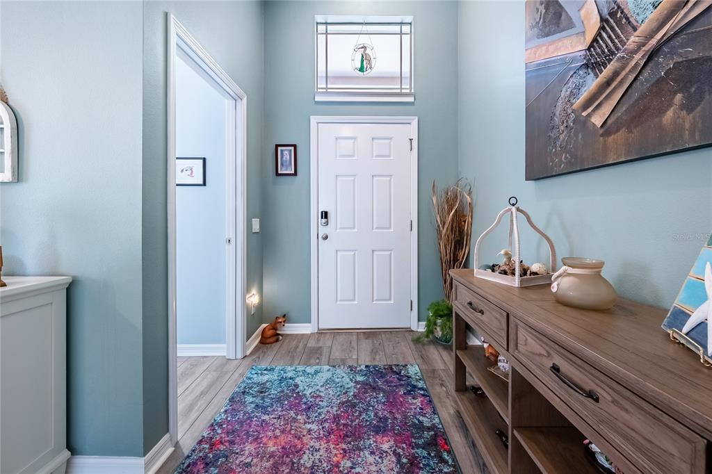 An entryway features light blue walls, wood-look flooring, a white door, and a console table — 13508 MEADOW GOLF AVENUE, HUDSON, FL