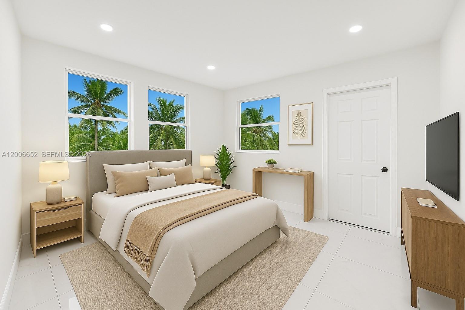 This is a digital rendering of a modern bedroom with white walls and tile flooring — 105 NW 14th Way # 0, Dania Beach FL 33004, DANIA BEACH, FL