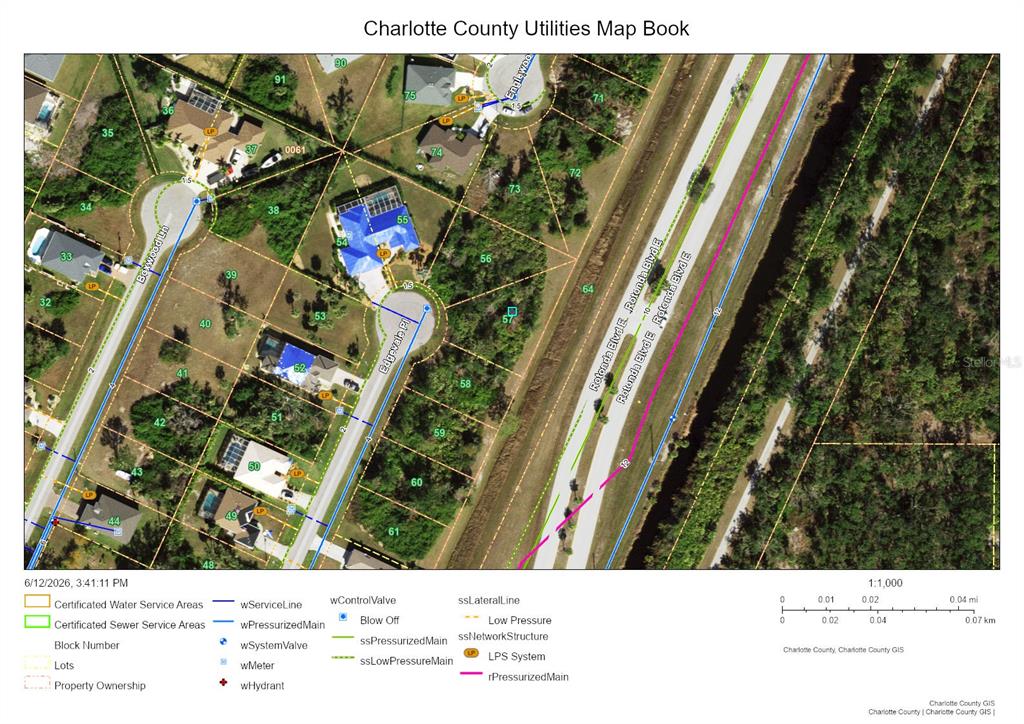 This is a utility map showing property lots, service lines, and infrastructure in Charlotte County — 113 EDGEVALE PLACE, ROTONDA WEST, FL
