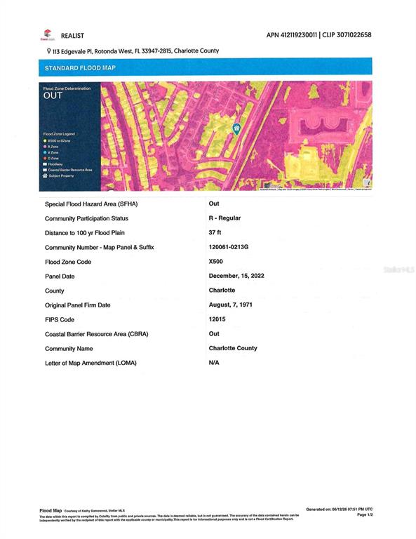 This is a flood map report for a property in Charlotte County, Florida — 113 EDGEVALE PLACE, ROTONDA WEST, FL