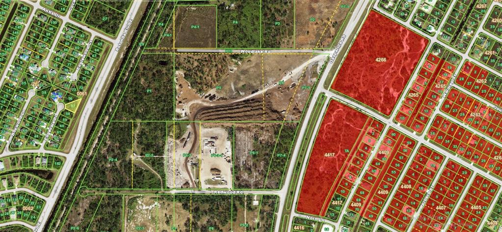 This is an aerial map showing land parcels, roads, and residential subdivisions — 113 EDGEVALE PLACE, ROTONDA WEST, FL