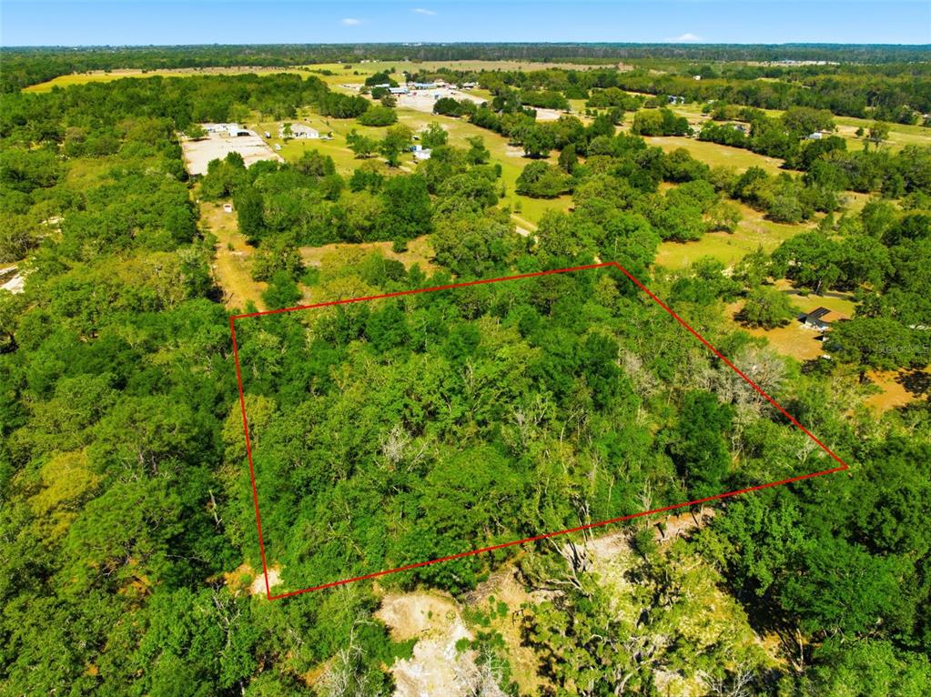 An aerial view shows a rectangular plot of land outlined in red amidst dense trees — 0 COYOTE ROAD, HUDSON, FL