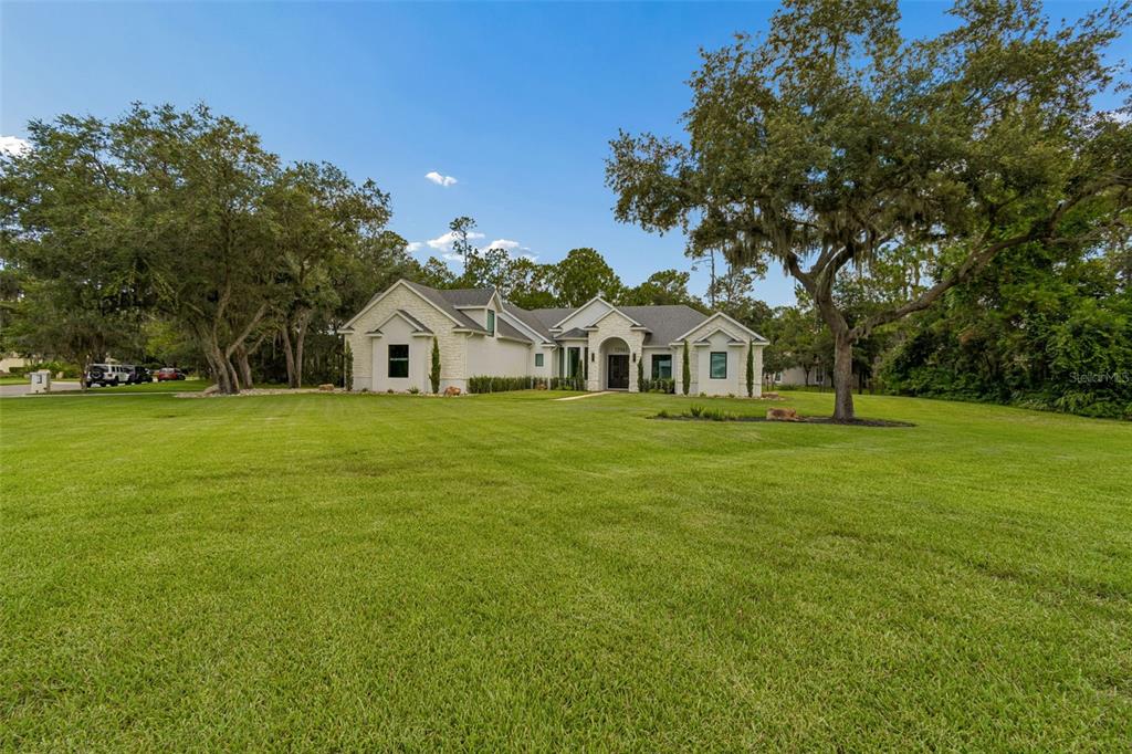 A single-story house with a light-colored stone facade sits on a large, grassy lawn — 13961 SMOKERISE COURT, ORLANDO, FL