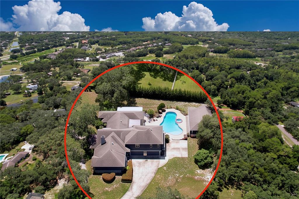 An aerial view shows a house with a swimming pool surrounded by trees and grass — 2918 MAGNOLIA TRACE, TARPON SPRINGS, FL
