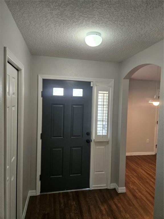 An entryway features a dark gray front door, a side window, and wood-look flooring — 2696 SHELBY RUTH PLACE, ST CLOUD, FL