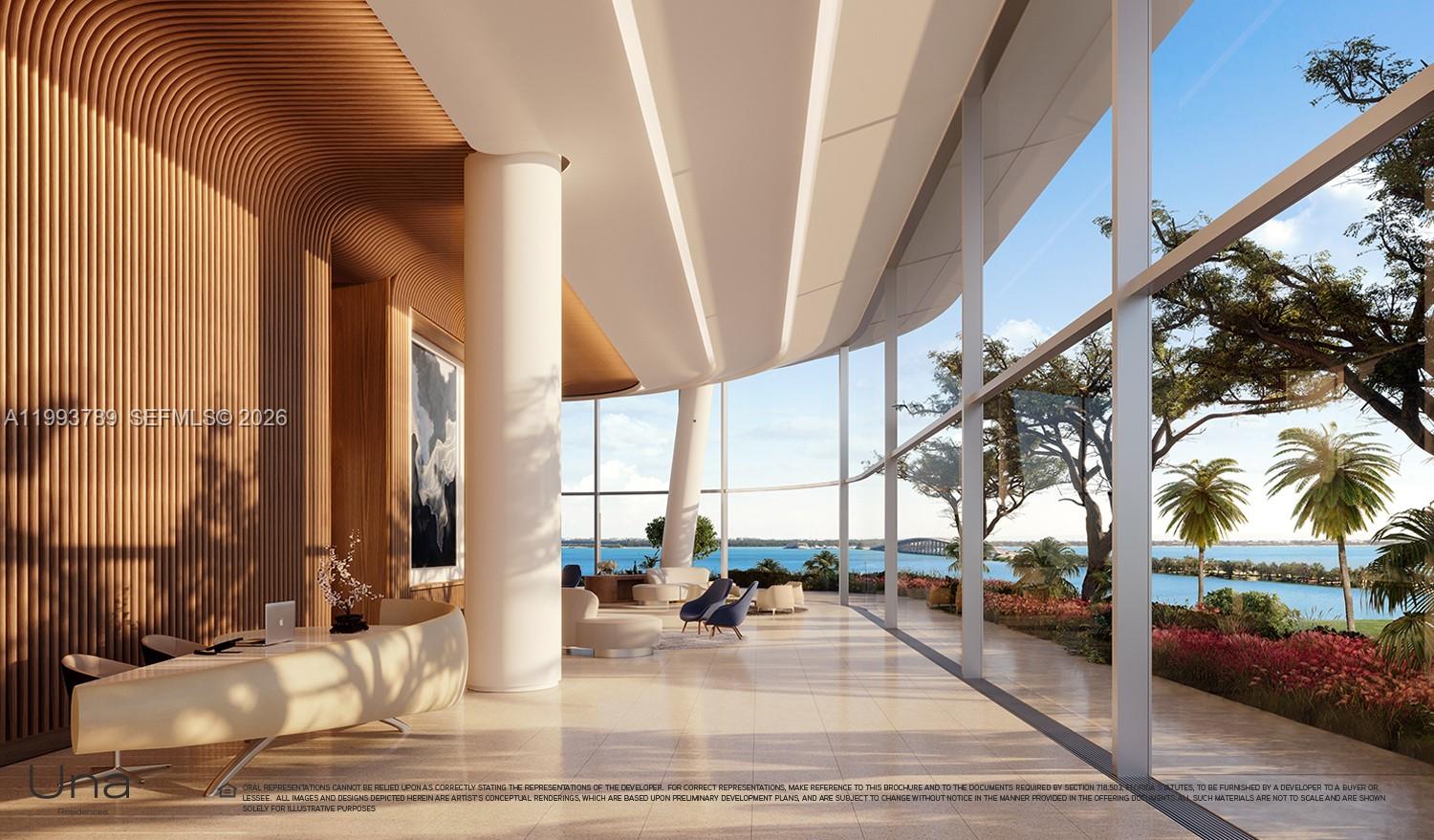 A rendering of a modern lobby with wood-slatted walls, floor-to-ceiling windows, and ocean views — 175 SE 25th Rd # 2101, Miami FL 33129, MIAMI, FL