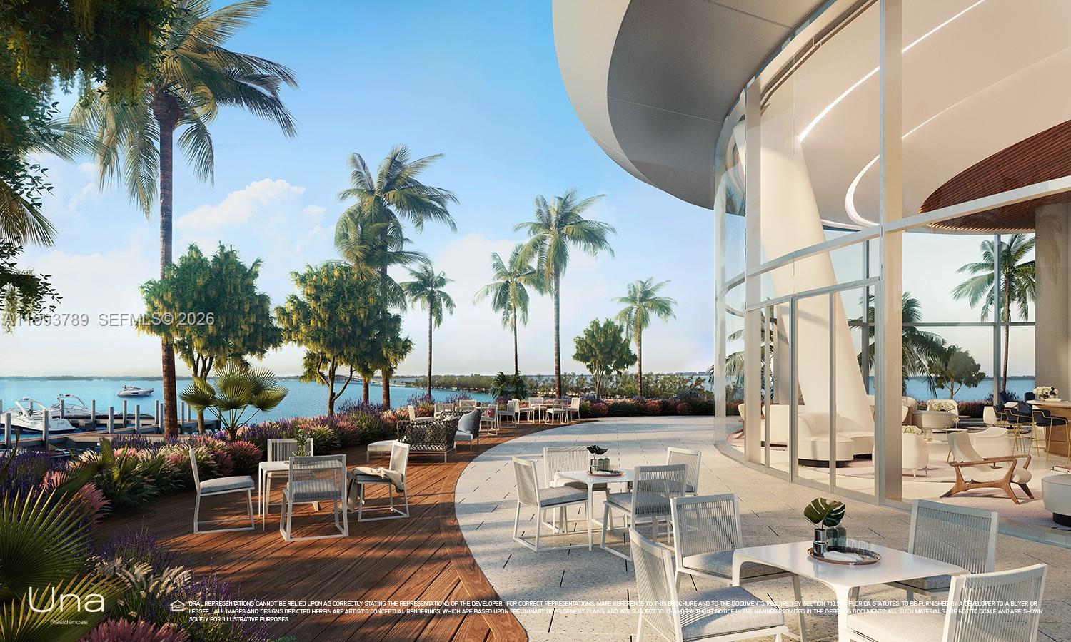 This architectural rendering shows an outdoor patio with seating overlooking a waterfront area with boats — 175 SE 25th Rd # 2101, Miami FL 33129, MIAMI, FL