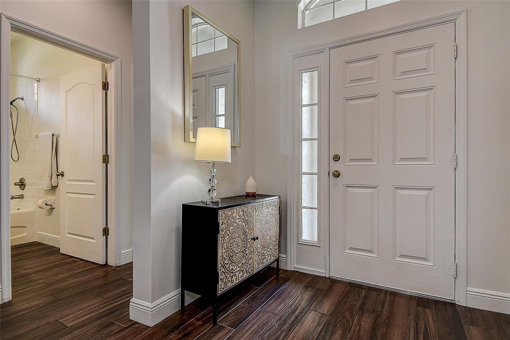 An entryway features a dark wood-patterned floor, a decorative cabinet, and a white front door — 16730 FAIRBOLT WAY, ODESSA, FL