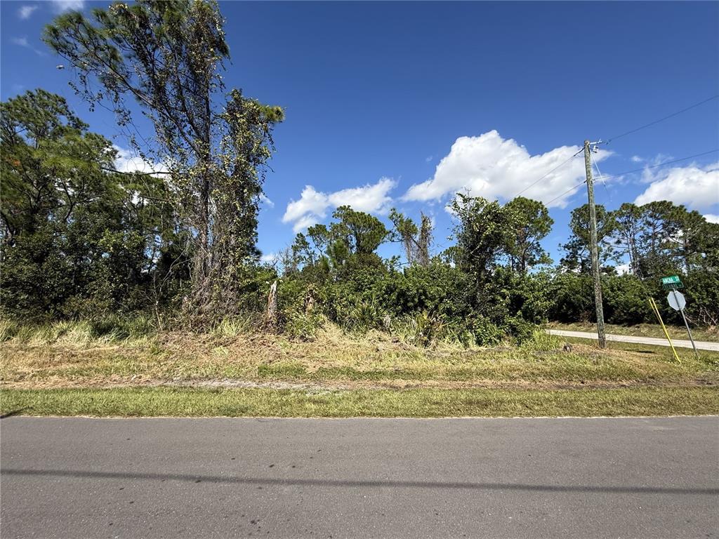 A vacant, wooded residential lot sits at a street corner under a blue sky — 7538 BERNAL DRIVE, SEBRING, FL