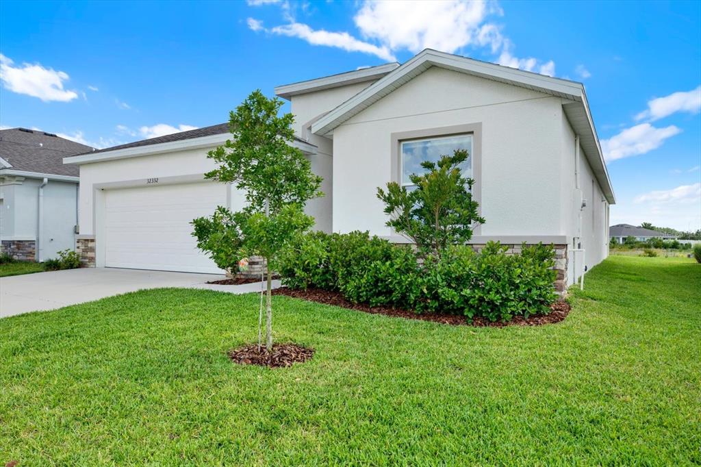 A single-story house with a white stucco exterior, a two-car garage, and a front lawn — 32332 ROSEPINE BOULEVARD, WESLEY CHAPEL, FL