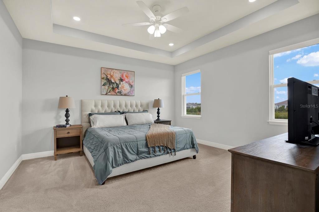 A bedroom features a tray ceiling, a tufted headboard, and two windows — 32332 ROSEPINE BOULEVARD, WESLEY CHAPEL, FL