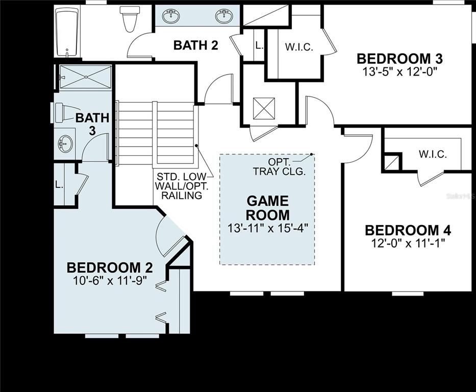 This is a floor plan of a residential second story featuring three bedrooms and a game room — 1677 RIVULET WAY, ZEPHYRHILLS, FL