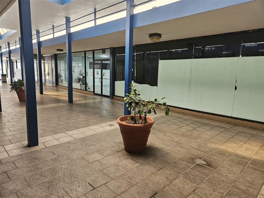 A covered outdoor walkway features tiled flooring, blue support pillars, and potted plants — 100 100 SECTOR LA CUESTA LOS JOBOS, HUMACAO, PR