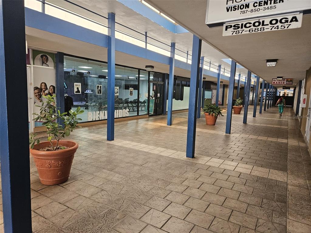 An outdoor covered walkway with blue support pillars, potted plants, and storefronts with glass windows — 100 100 SECTOR LA CUESTA LOS JOBOS, HUMACAO, PR