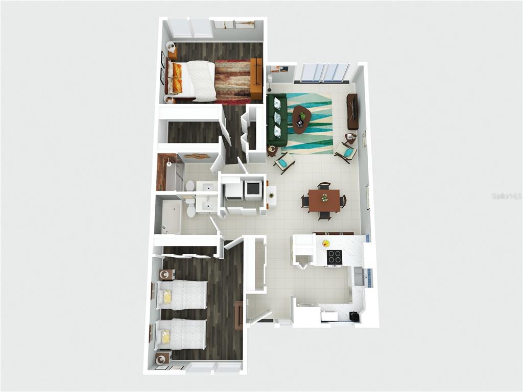 This is a 3D floor plan rendering of a two-bedroom apartment with an open layout — 1801 GULF DRIVE N UNIT 148, BRADENTON BEACH, FL