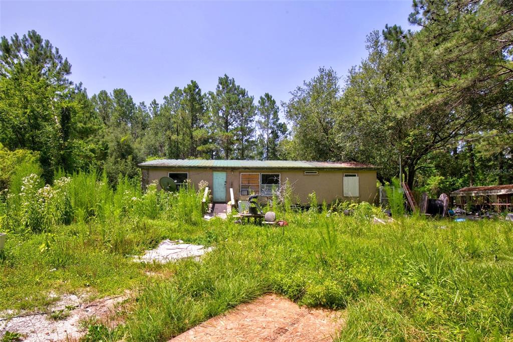 A single-story house with a light-colored exterior sits in a yard with tall, overgrown grass — 7320 NE 137TH PLACE, CITRA, FL