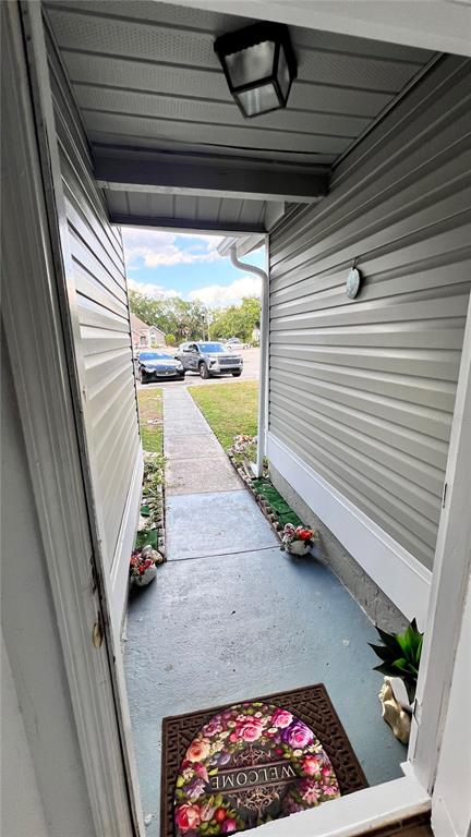 A view from a doorway looking out onto a concrete walkway and a parking lot — 5824 RED CEDAR LANE, TAMPA, FL