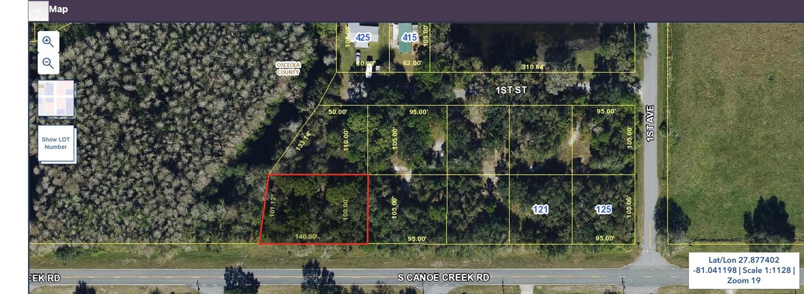 This is a map showing a rectangular parcel of land highlighted in red among others — 000 Canoe Creek Road, FL 34739, FL