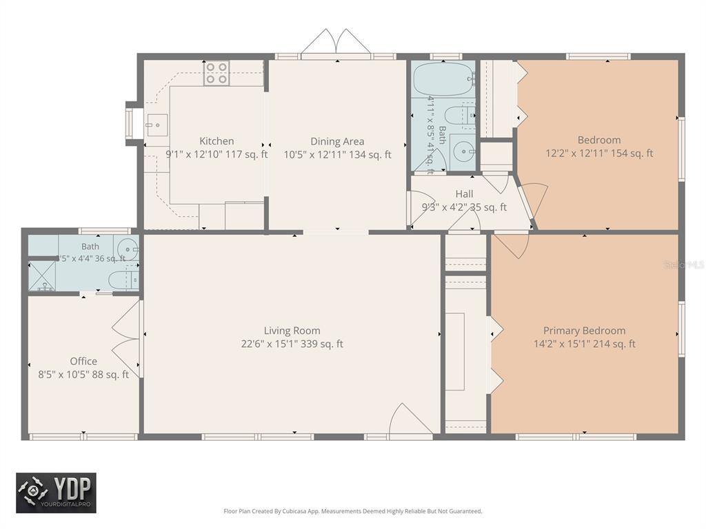 This is a floor plan showing a two-bedroom home with an office and two bathrooms — 4994 17TH AVENUE N, ST PETERSBURG, FL