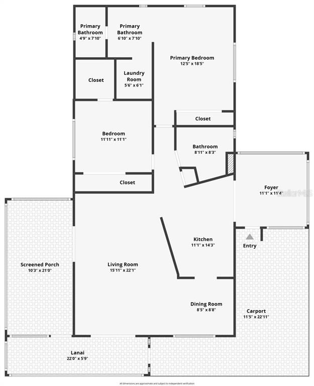 This is a floor plan of a house featuring a primary bedroom, two bathrooms, a kitchen, and a carport — 176 SUNSET DRIVE, LEESBURG, FL