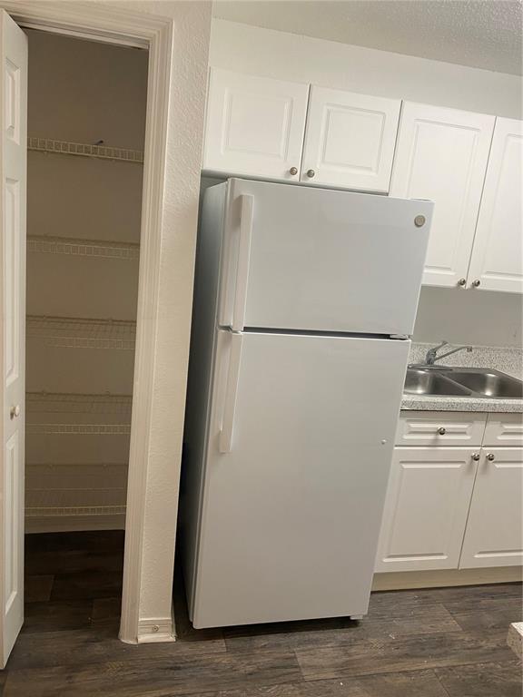 A kitchen features a white refrigerator, white cabinets, a double sink, and an open pantry — 18001 RICHMOND PLACE DRIVE UNIT 830, TAMPA, FL