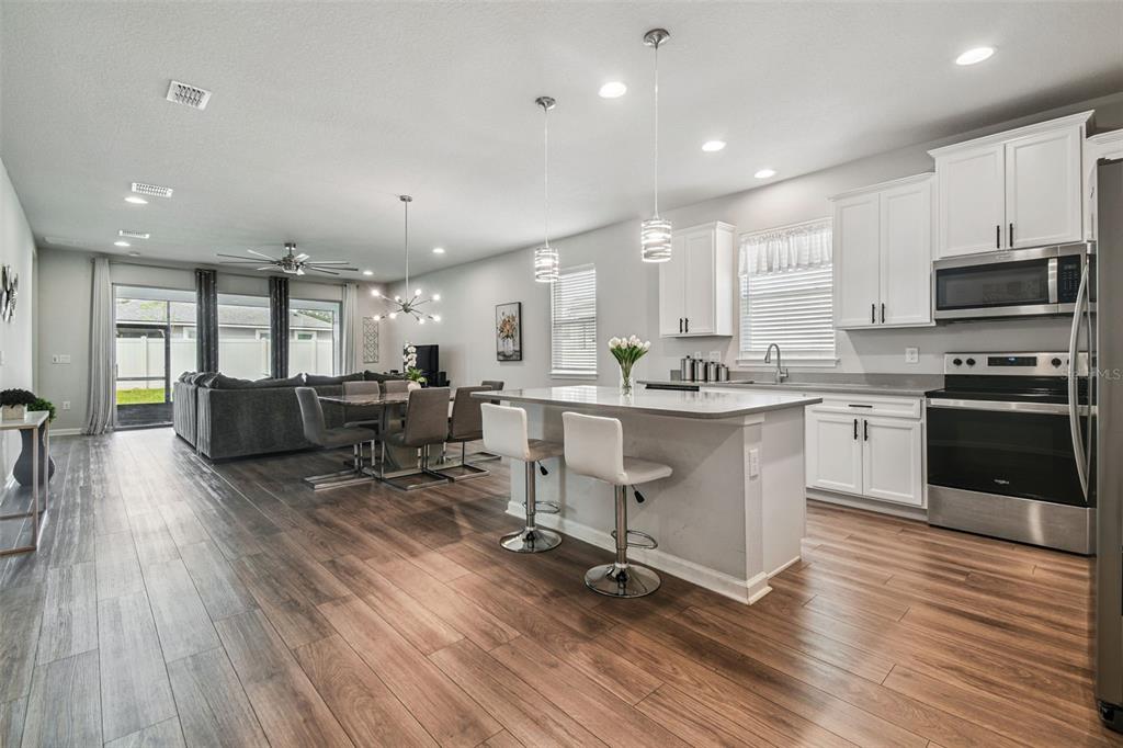 An open-concept kitchen and living area featuring white cabinets, stainless appliances, and wood-look flooring — 11514 CEDAR VALLEY DRIVE, RIVERVIEW, FL