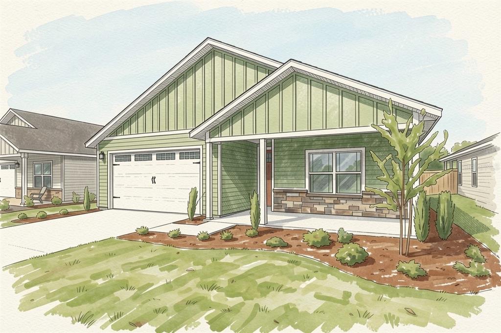 A digital rendering of a single-story house with green siding, a stone facade, and garage — 21083 SW 1ST PLACE, NEWBERRY, FL