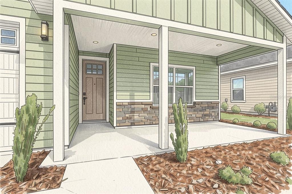 This is a rendering of a house exterior featuring a covered porch and stone siding — 21083 SW 1ST PLACE, NEWBERRY, FL