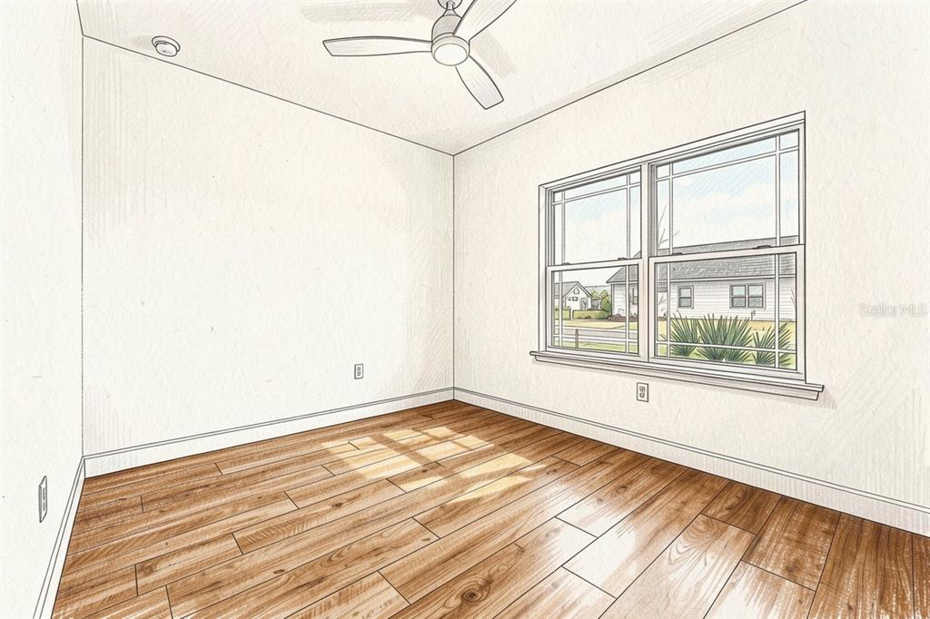 This is a digital rendering of an empty bedroom with wood-look flooring and a ceiling fan — 21083 SW 1ST PLACE, NEWBERRY, FL