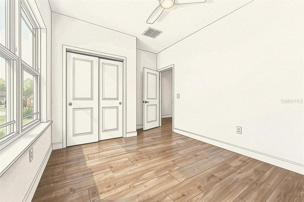 This is a digital rendering of an empty bedroom with wood-look flooring and white walls — 21083 SW 1ST PLACE, NEWBERRY, FL