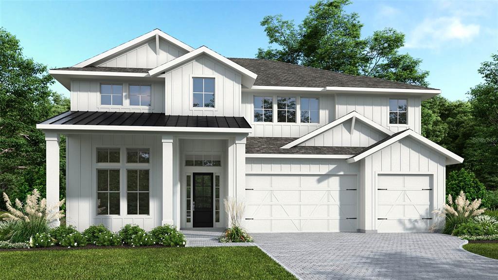 This is a digital rendering of a two-story white modern farmhouse with a three-car garage — 3617 COUNTRY VIEW COURT, BRADENTON, FL