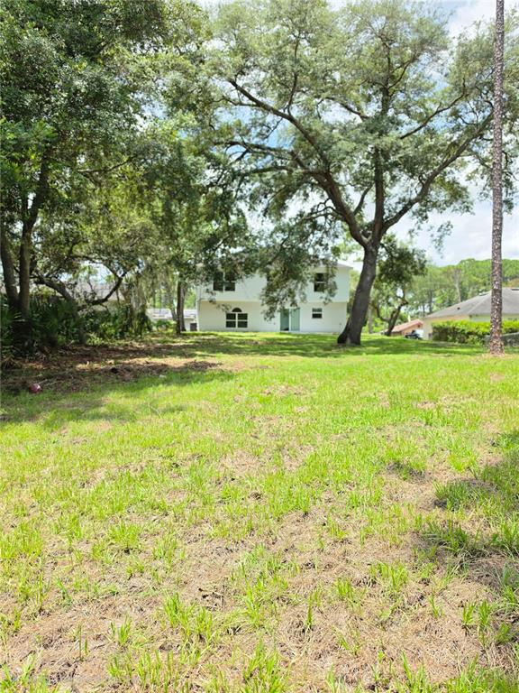 A grassy backyard leads toward the rear exterior of a two-story white house with trees — 2861 BLACKBURN AVENUE, DELTONA, FL