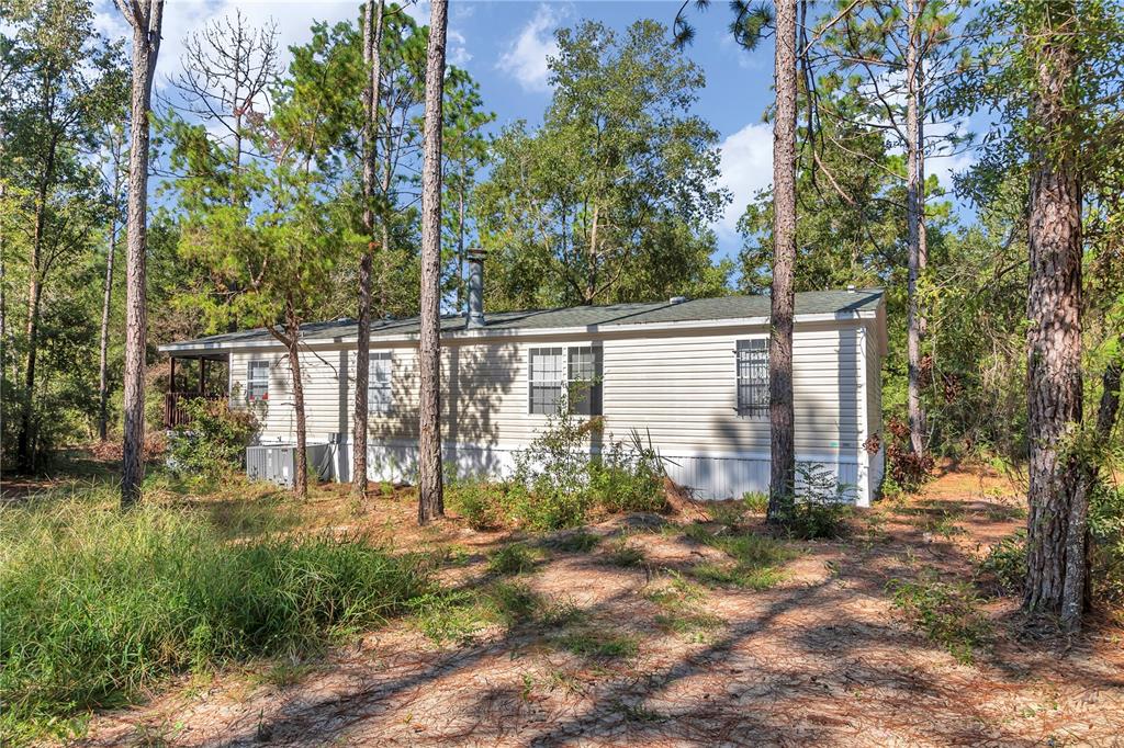 A single-story mobile home with beige siding sits in a wooded lot with tall pines — 6639 NE 94TH AVENUE, BRONSON, FL
