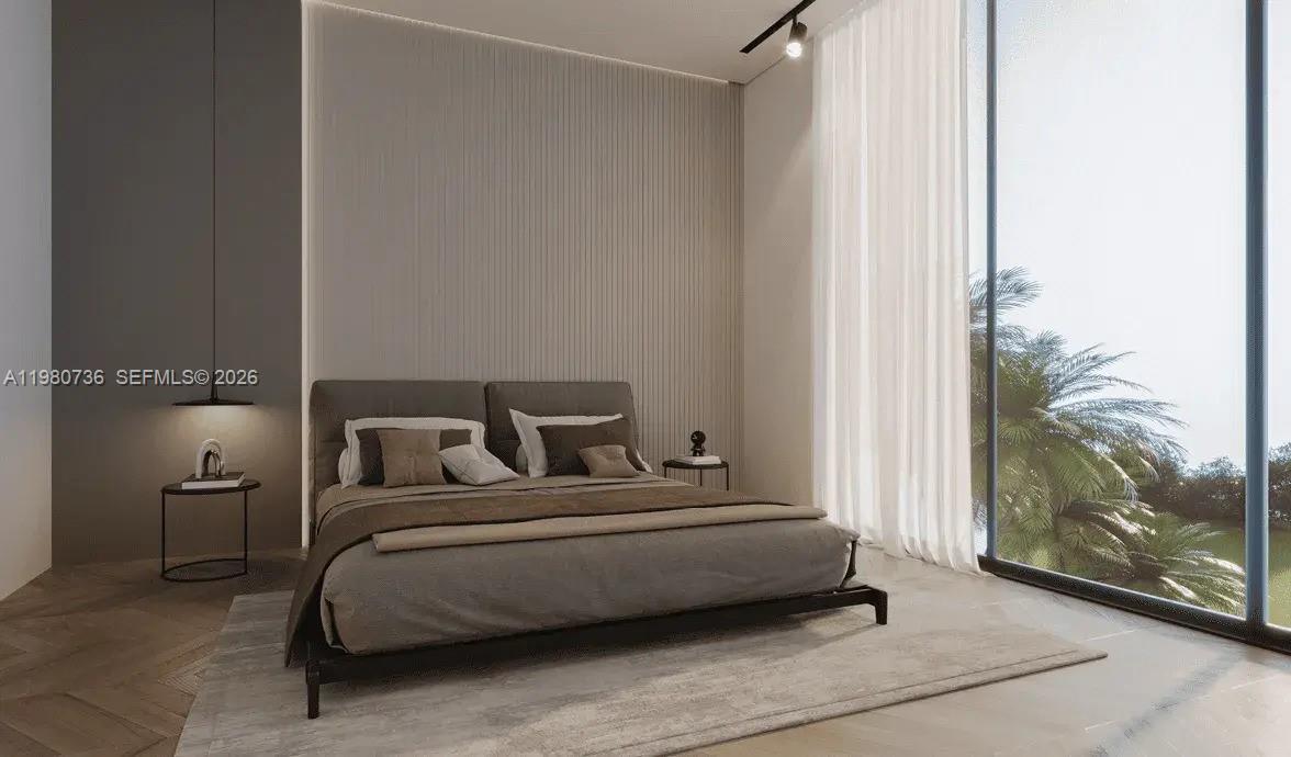 This rendering shows a modern bedroom with a platform bed, fluted wall paneling, and floor-to-ceiling windows — 1st Hillside Street, Dubai, FL