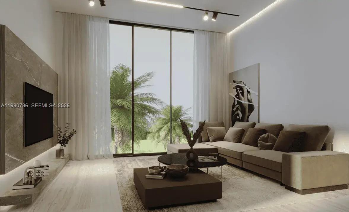 This rendering shows a modern living room with a large window, sofa, and television — 1st Hillside Street, Dubai, FL
