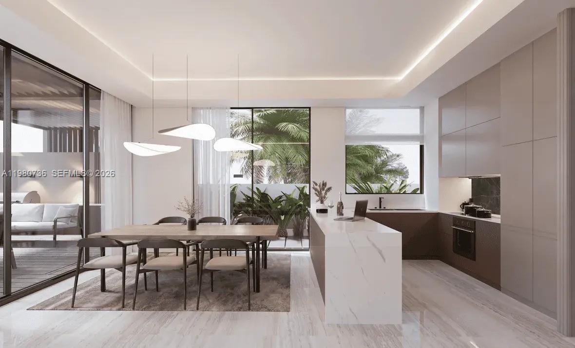 This rendering shows a modern open-concept kitchen and dining area with marble-topped island and cabinetry — 1st Hillside Street, Dubai, FL