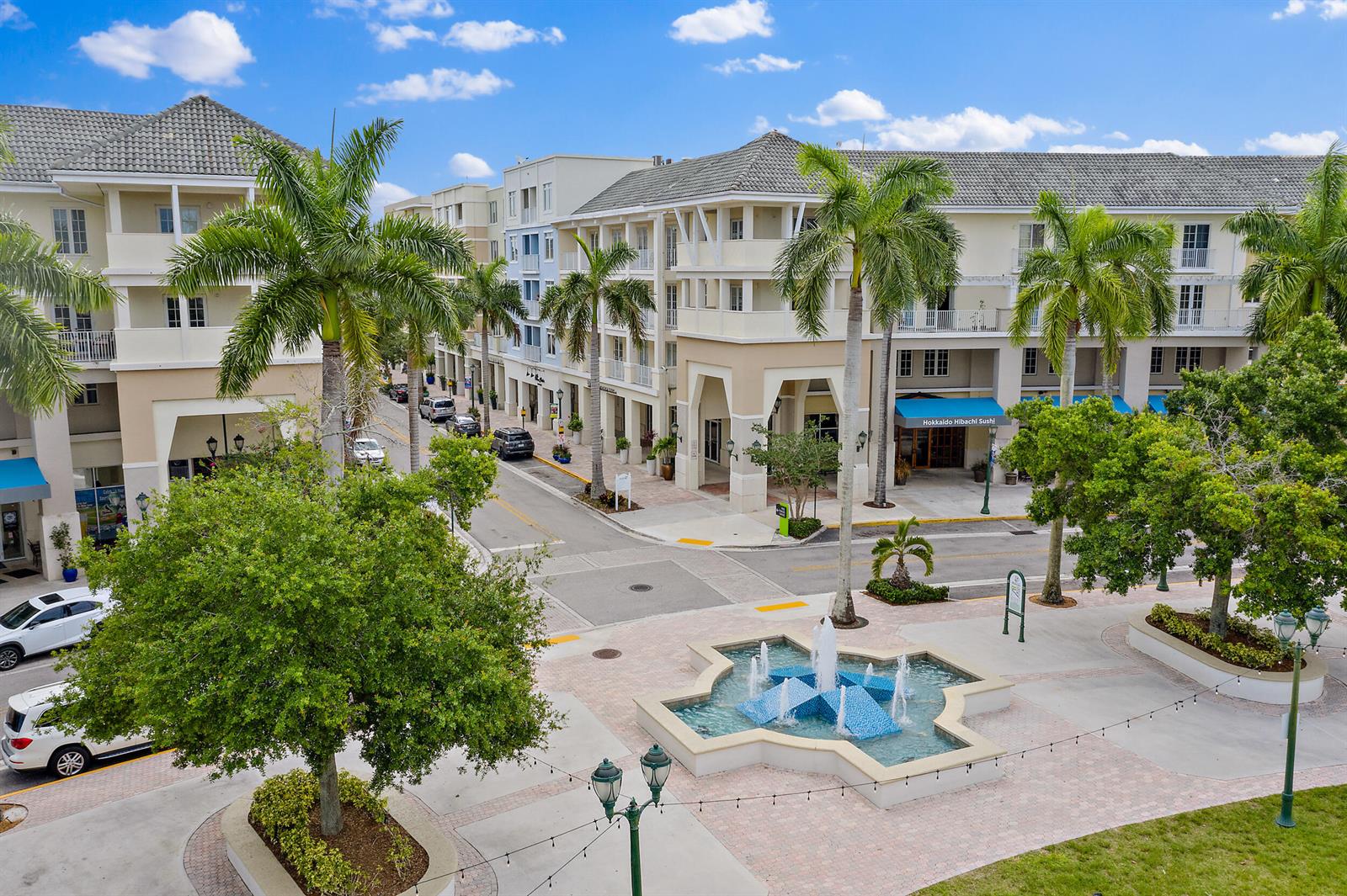 An aerial view shows a plaza with a fountain, palm trees, and surrounding multi-story buildings — 1203 Town Center Drive # 201, Jupiter FL 33458, JUPITER, FL