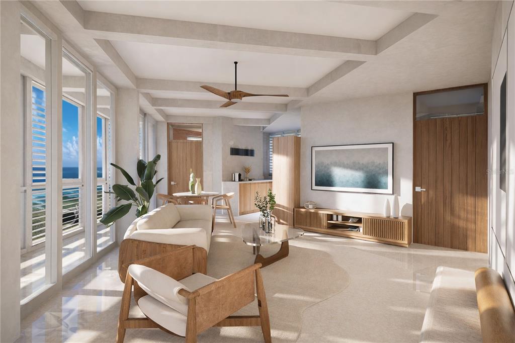 This rendering shows a modern living room with wood accents, a ceiling fan, and ocean views — 425 SOL STREET UNIT 2, SAN JUAN, PR