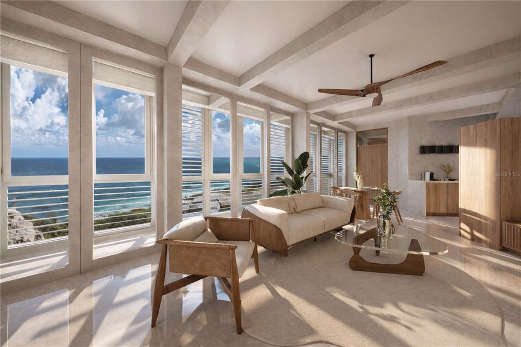 This rendering shows a modern living room with floor-to-ceiling windows overlooking the ocean — 425 SOL STREET UNIT 2, SAN JUAN, PR