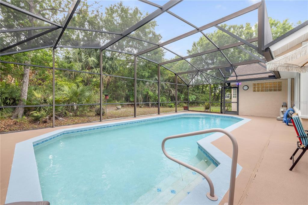 A screened-in swimming pool with a concrete deck and surrounding trees in the backyard — 107 MUIRFIELD DRIVE, DAYTONA BEACH, FL
