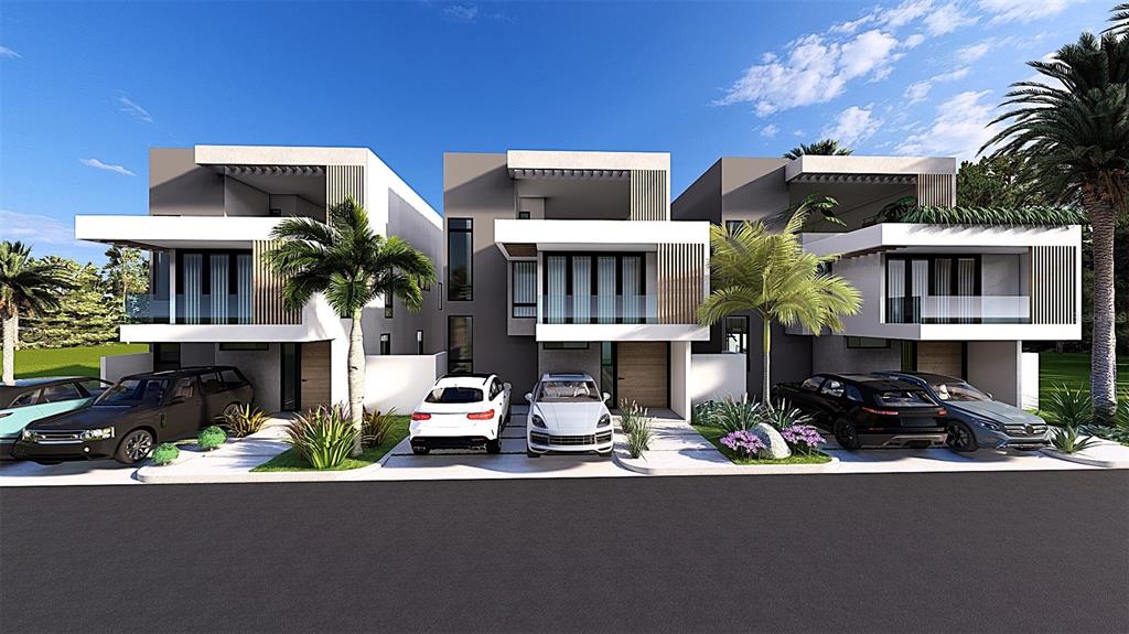 This is a digital rendering of three modern, multi-story townhomes with driveways and palm trees — PR 6690, VEGA ALTA, PR