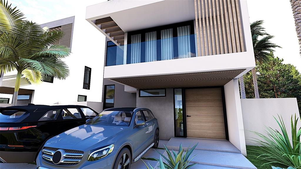 This architectural rendering shows a modern two-story house exterior with a car parked in front — PR 6690, VEGA ALTA, PR