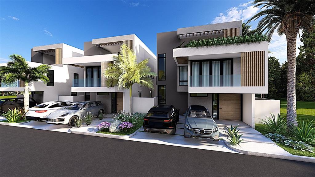 This architectural rendering shows two modern two-story townhomes with flat roofs and private driveways — PR 6690, VEGA ALTA, PR