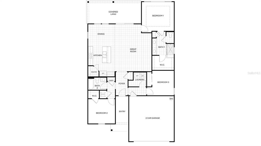 This is a floor plan for a single-story home with three bedrooms and a garage — 58 HARDWOOD TRAIL, PALM COAST, FL