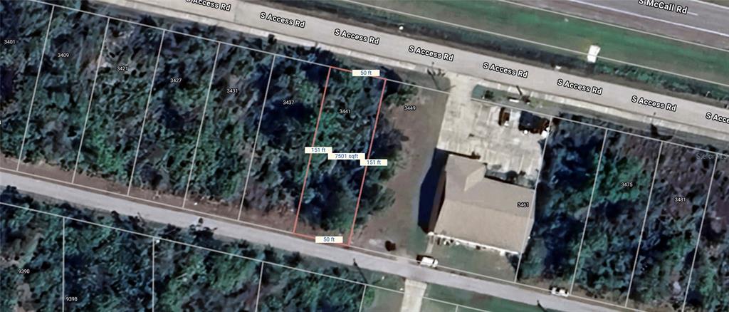 This is an aerial map showing a rectangular vacant lot highlighted in red — 3441 S ACCESS ROAD, ENGLEWOOD, FL