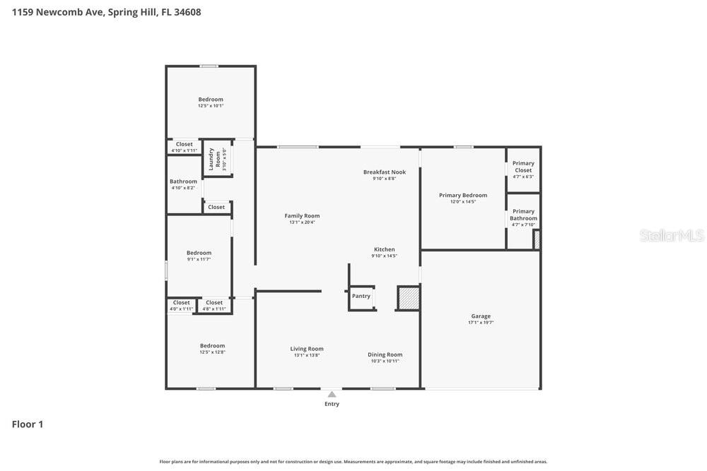 This is a floor plan for a single-story house with four bedrooms and a garage — 1159 NEWCOMB AVENUE, SPRING HILL, FL